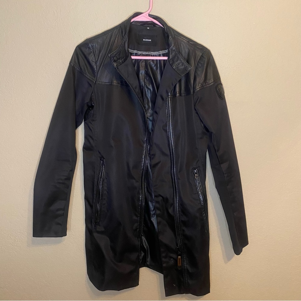 Rudsak Lourdes Long Black Leather Canvas Fall Winter Jacket